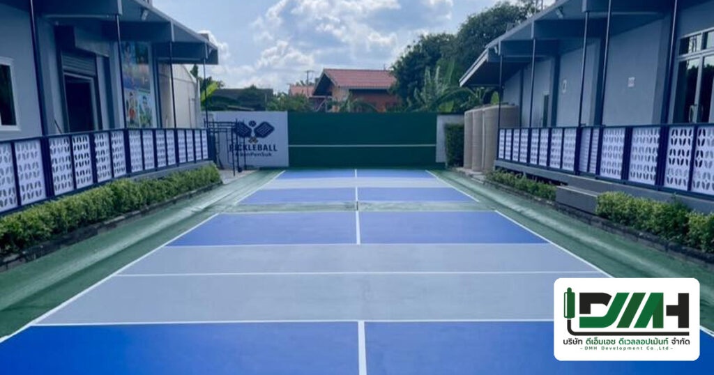 ผลงานติดตั้งพื้นสนามกีฬาโดย DMH Groups — ผลงานพื้นสนาม Pickleball Acrylic Hardcourt + Moisture Barrier นนทบุรี