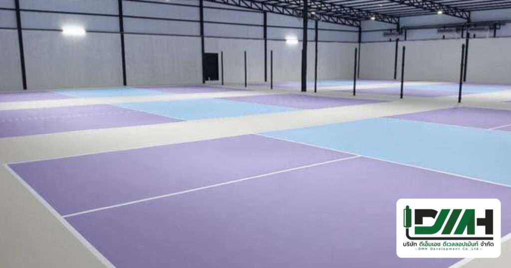 ผลงานติดตั้งพื้นสนามกีฬาโดย DMH Groups — พื้นสนาม Pickleball Acrylic Hardcourt + Moisture Barrier Pick A Court สุขุมวิท 62 กรุงเทพฯ